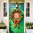 BlissYard Christmas Door Banner Set 35x71 Inch Jingle All The Way Christmas Wreath with Golden Poinsettias Green Baubles Red Bow Home Porch Decoration Jingle Phrase Theme Front Door Party Holiday