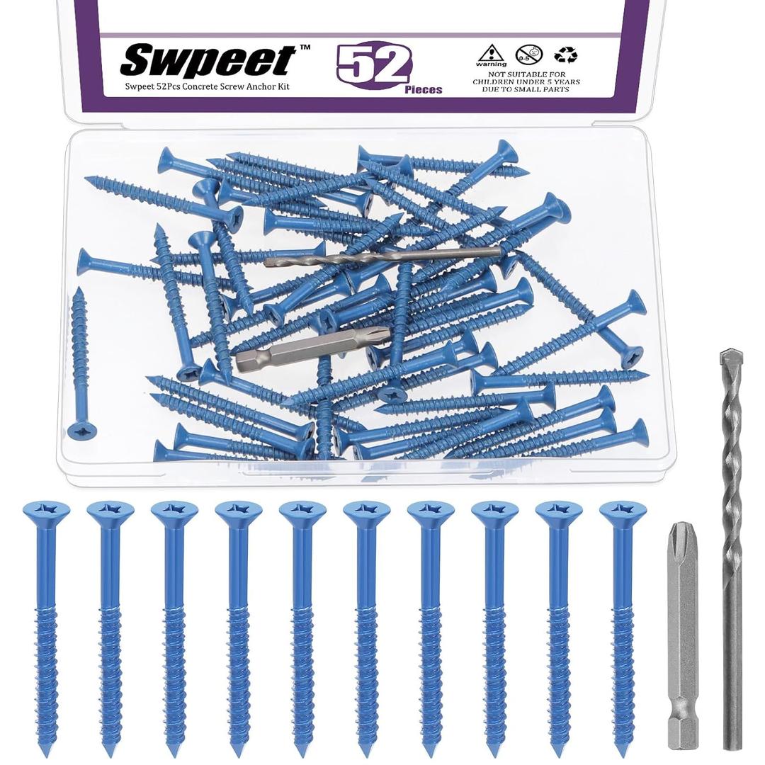 2 x Swpeet 52Pcs 3/16" x 2-1/4" Flat Head Concrete Screw Anchors with Screwdriver Bit and Drill Bit Assortment Kit, Concrete Screws Self Tapping Cement Screws for Anchoring to Masonry Block Brick Stucco