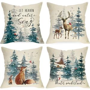 Winter Wonderland Decorative Throw Pillow Covers 20x20 Set of 4, Snowy Forest Cardinal Red Bird Deer Fox Rabbit Cushion Case Decor, Farmhouse Christmas Holiday Seasonal Home Decor for Couch PC