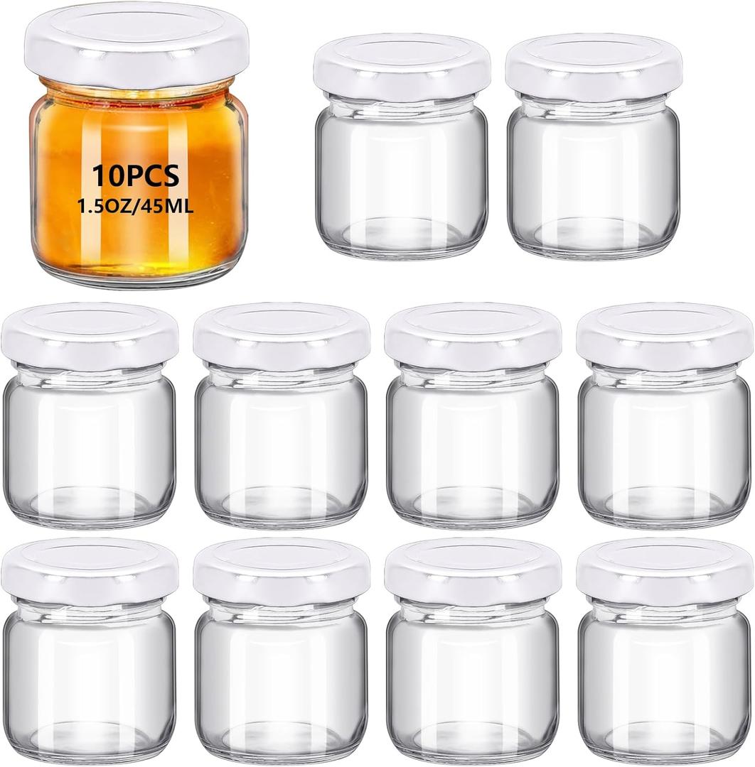 10 x 10Pack 1.5 oz Round Mini Clear Honey Jars for Wedding Favor, Baby Shower,45ml Small Glass Favor with Airtight Lids, Gift Jars, Sample Body Butter, Jam, Spices, Herbs, Candy, Candle (White lid)