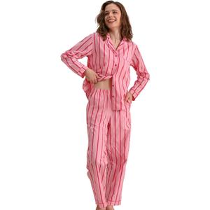 100% Cotton Pajamas for Women 2 Piece PJs Set Long Sleeve Button Down Breathable Woven Sleepwear Loungewear (Medium, Pink Stripe)