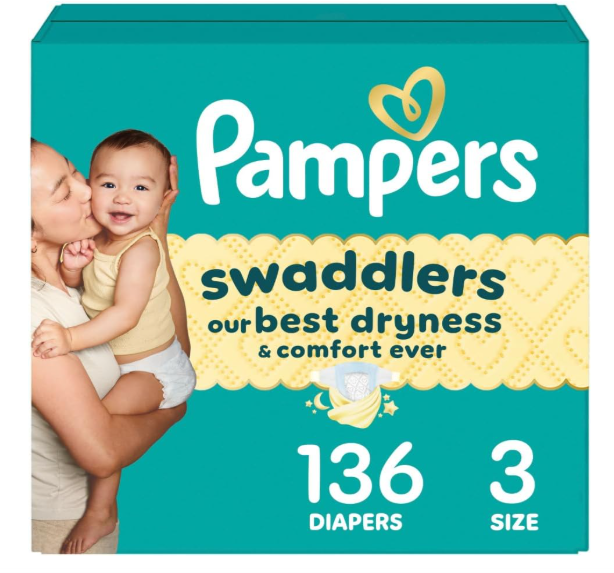 Pampers Swaddlers Diapers, Size 3 (1326 lbs), 136 Count, Absorbent, Keeps Baby Dry and Comfortable, Skin Safe Disposable Baby Diaper 