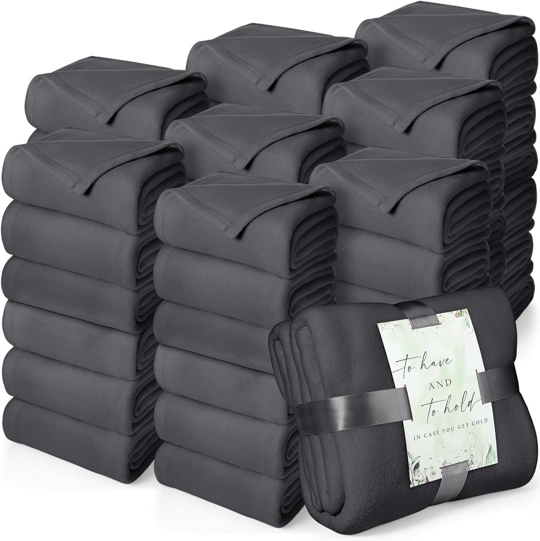 Buryeah 48 Pack Oeko-tex Certified Wedding Flannel Throw Blanket Bulk 50 x 60 Inch Soft Fleece Lap Blanket with Thank You Cards Ribbon for Guests Sleepover Spa Slumber Favors Gifts (Dark Gray)