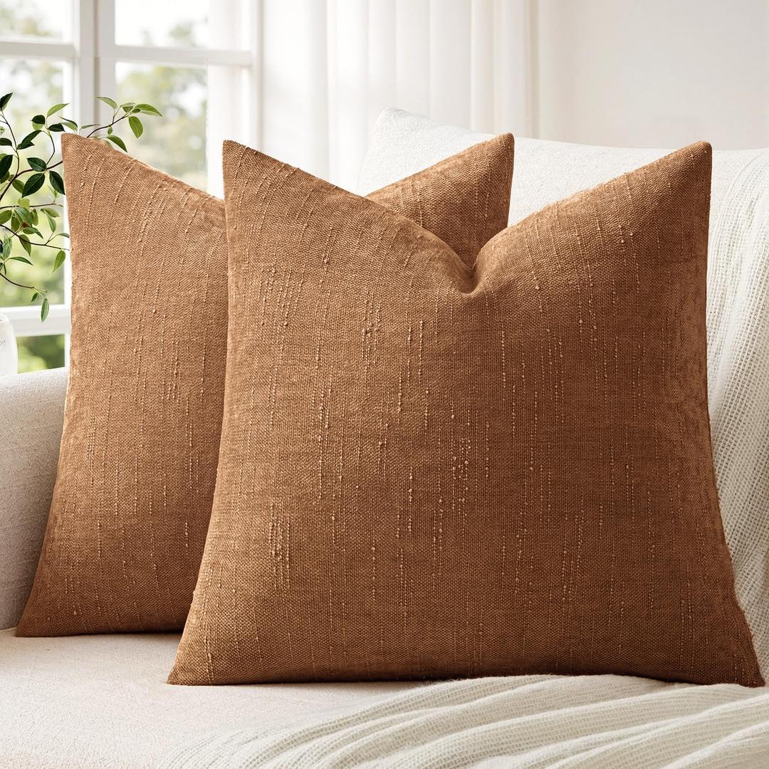 ANRODUO Pack of 2 Decorative Textured Throw Pillow Covers Soft Bronze Euro Square Accent Solid Chenille Cushion Cover Cozy Farmhouse Pillow Case for Couch Sofa Bed Living Room Home Decor 24x24 Inch