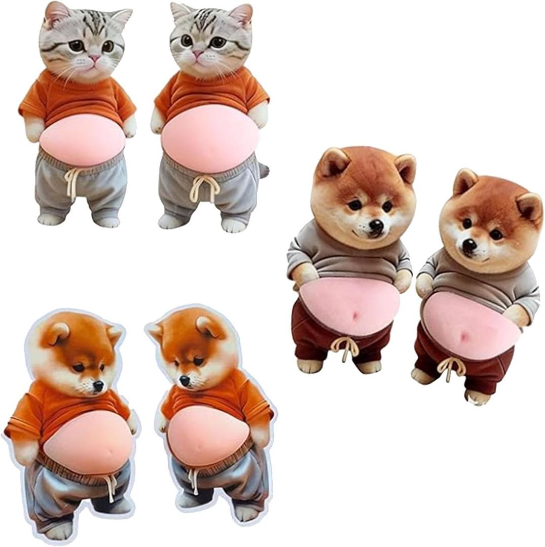 3D Funny Pet Stickers, Cute Shiba Inus and Cats Belly Door Stopper Wall Protector — Quiet Shock Absorbing for Doorknobs, Refrigerator, Cabinets(3 Pairs)
