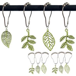 Green Leaf Shower Curtain Hooks,12Pcs Cute Plant Leaves Metal Rustproof Shower Curtain Rings,Spring Green Tree Floral Forest Nature Themed Home Bathroom Decor