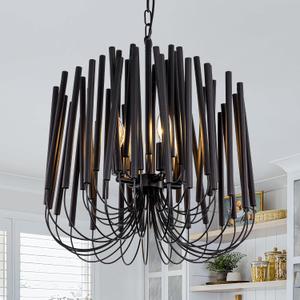 TOCHIC Modern Farmhouse Chandelier for Dining Room 18", Small Vintage Black Wood Chandeliers Light for Living Room, Rustic Pendant Lighting Fixture Ceiling Hanging for Foyer Bedroom Entryway