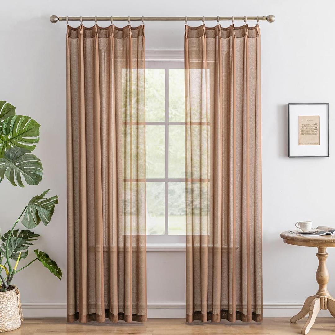 Pinch Pleat Mocha Sheer Curtains 90 Inch Length for Bedroom Soft Touch Light Filtering Lightweight Pleated Drapes with Adjustable Hooks for Living Room, Mocha Moose, 42" W x 90" L, 2 Panels