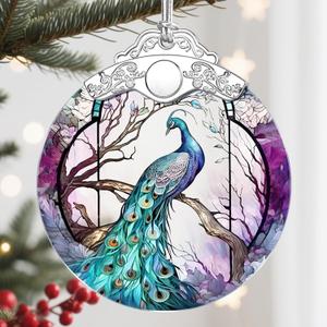 2 x Christmas Ornament, Christmas Decoration, Stained Glass Ornament, Heirloom Keepsakes, Holiday Ornaments, Holiday Presents, Unique Xmas Gifts, Gift Exchange Ornaments, Gift Idea - Peacock (Peacock Turning Back)