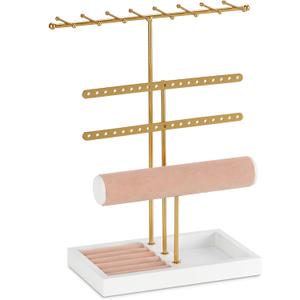 Jewelry Holder Organizer 4-Tier Gold Jewelry Stand with Necklace Organizer Earring Bracelet Holder Ring Box, Hanger for Display and Storage, Room Decor, Gift for Women