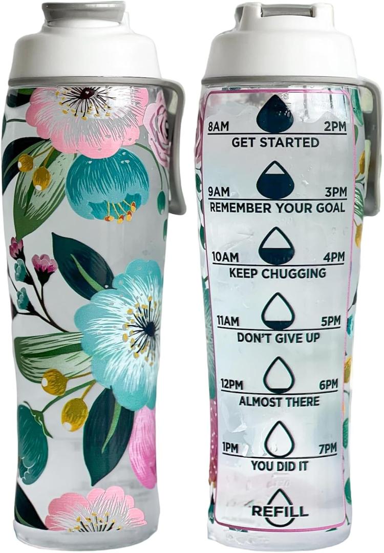 50 Strong Reusable Water Bottle with Time Markers 30 oz BPA-Free Leakproof Bottle with Chug Cap & Easy-Carry Handle Made in USA (Pretty Flowers)