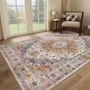 5x7 Area Rugs for Living Room,Stain Resistant Washable Rug,Non-Slip Backing Rugs for Bedroom,Kitchen,Printed Vintage Home Decor Rug (Turmeric/Grey, 5'x7')