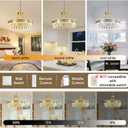 Gold Modern Round LED Crystal Chandelier - 17.7" Luxury 3 Colors Stepless Dimmable Chandeliers for Dining Room,Adjustable Height Ceiling Light Fixture for Kitchen Island Bathroom With Remote Control