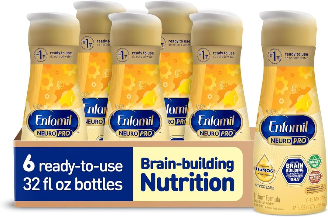 Enfamil NeuroPro Ready-to-Use Baby Formula, Ready to Feed, Brain and Immune Support with DHA, Iron and Prebiotics, Non-GMO, 32 Fl Oz Bottle, Pack of 6 (EXP 07/01/27)