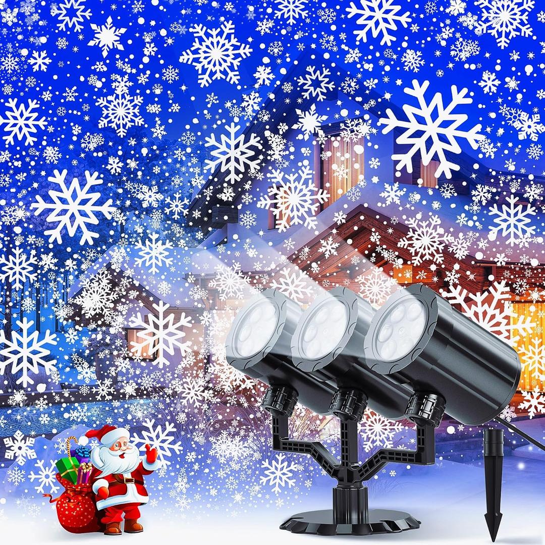 Christmas Projector Lights Outdoor,Christmas Snowflake Projector Lights IP65 Waterproof, LED Rotating Snowfall Decor Garden Party Outdoor Christmas Decoration for Atmosphere - Upgraded 3-Head