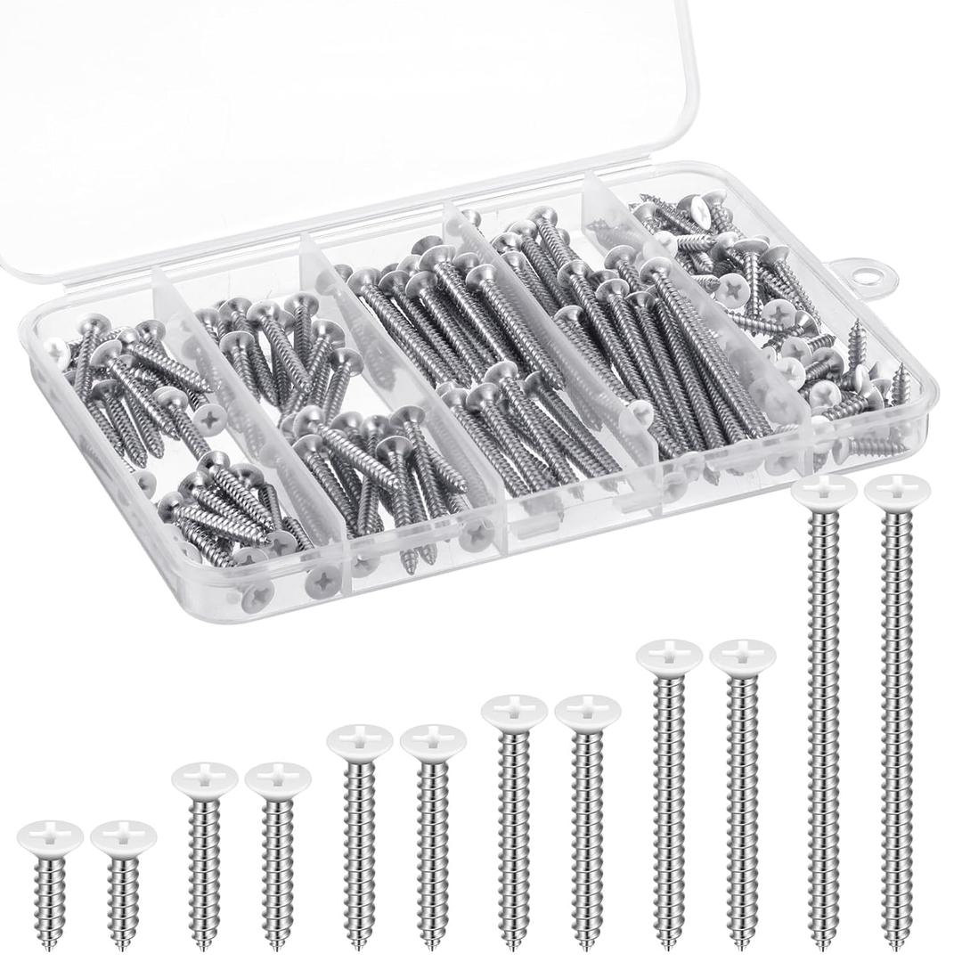 150PCS White Head Screws #6 White Screws for 2.8mm-3.0mm Holes,2,1-1/2,1-1/4,1,3/4,1/2 Size Wood Screws Assortment Kit for Shutters, Book Shelf, Wall Plate, Shiplap, Blank Plates