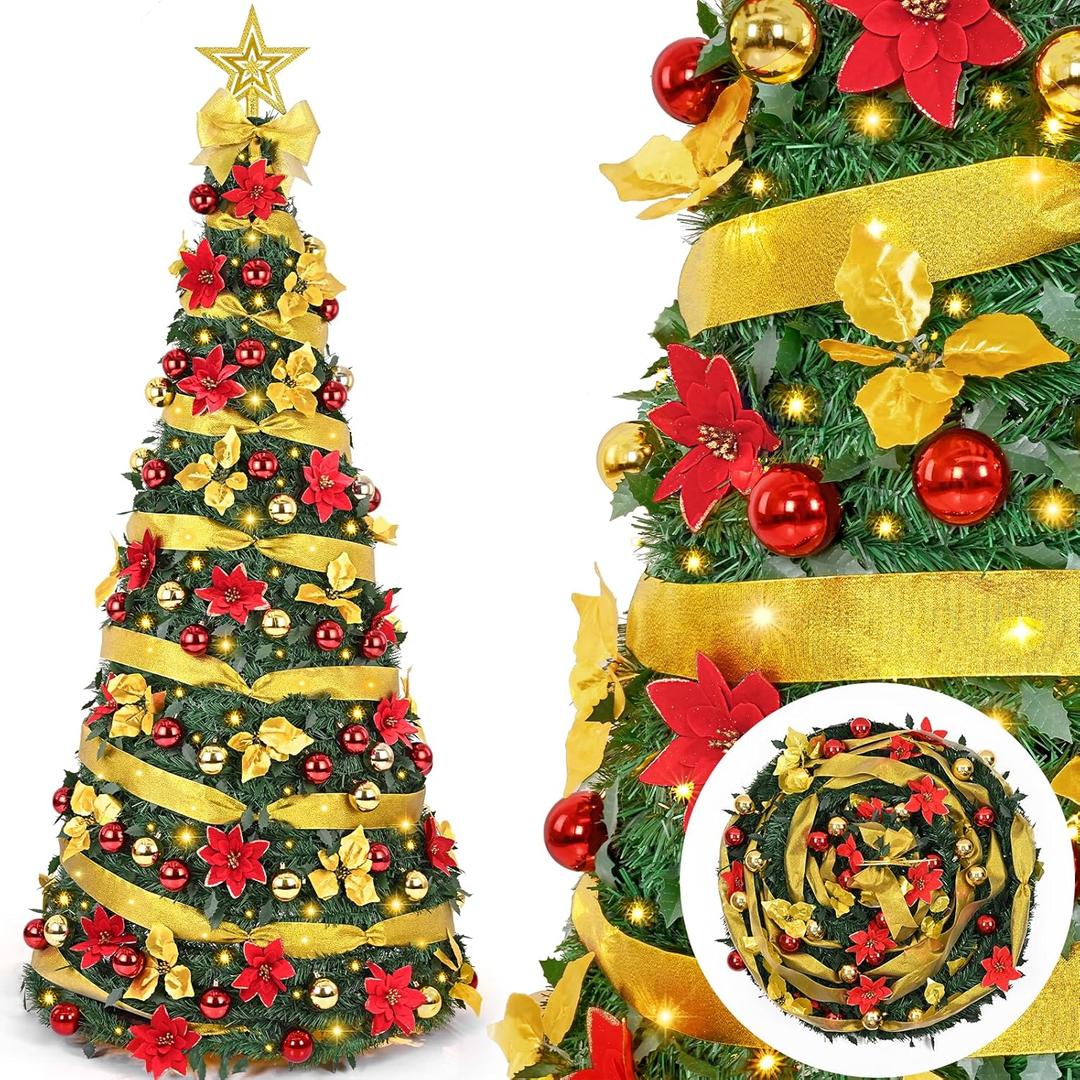 Waipfaru 6Ft Prelit Pop Up Christmas Tree Decorations, Pre Decorated Artificial Christmas Tree with 200 Lights, Collapsible Indoor Xmas Tree for Apartment, Holiday Party Decorations (Green)