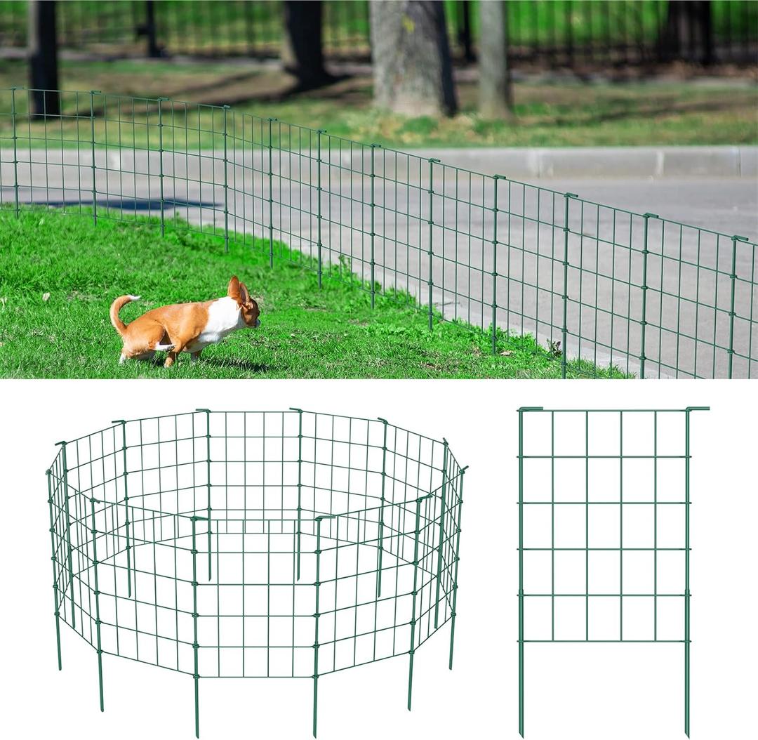 OUSHENG 20ft Green Garden Fence for Dog, Easy Assembly Decorative Fencing Rustproof Metal Wire Panel Border for Outside, Small Animal Barrier for Yard Outdoor, Grids