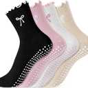 Jeyiour 4 Pairs Cute Pilates Grip Socks for Women, Ruffle Non Slip Crew Grippy Yoga Socks with Bow for Gym Ballet Barefoot (Black/White/ Pink/Beige)