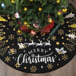 Capoda Christmas Tree Skirt 48 Inch Short Plush Xmas Tree Mat Merry Christmas Tree Collar for Winter Holiday Home Room Christmas Tree Decorations Supplies (Black Gold)