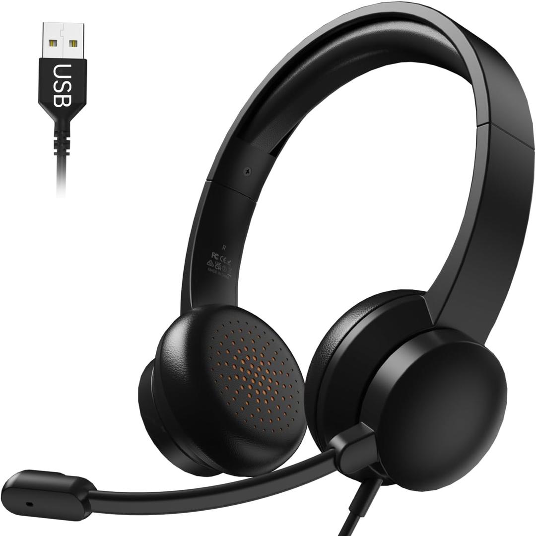USB Headset with Microphone for PC, Wired Headphones with Mic USB Headsets with Noise Cancelling Microphone, Computer Headset with Microphone for Home Office Online Class Teams Skype Black