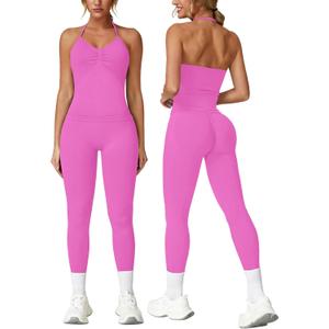 ABOCIW Workout Sets for Women Seamless Scunch Butt Lifting Impact Leggings Longline Strappy Top 2 Piece Gym Outfits (Small, Hot Pink)