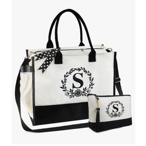 BeeGreen Gifts for Women, Initial Tote Bag for Her Mother Coworkes Teacher, Personalized Birthday Bags with Make-up Bag, Large Canvas Totes with Zipper and Shoulder Straps Letter S