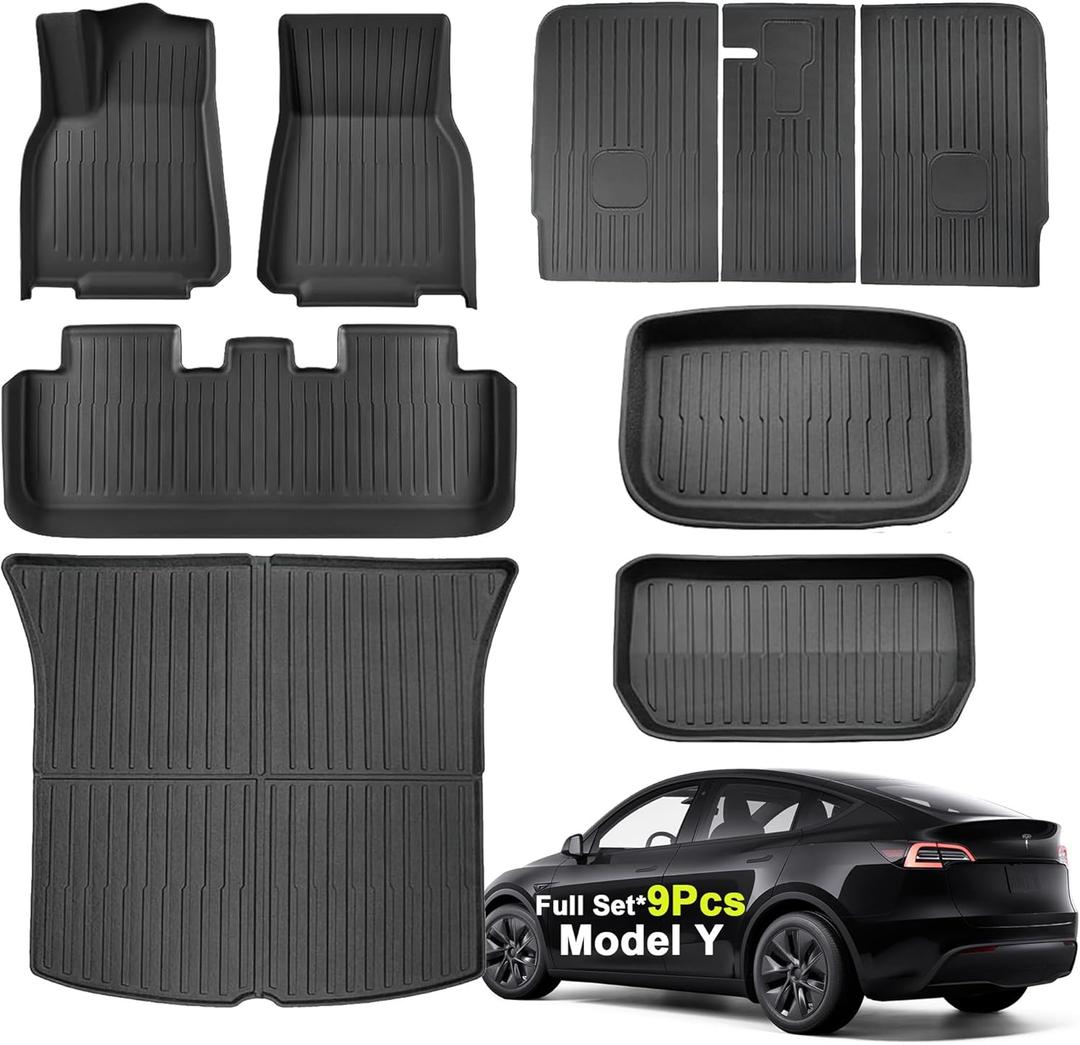 SUPER LINER Tesla Model Y Floor Mats 2025 2021-2024 | Custom Fit All-Weather 9-Piece Set TPE Material| Back Seat Protector,Cargo Liner, Trunk & Interior Accessories(Not Fit 7Seat & Juniper)
