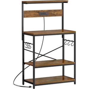 SUPERJARE Bakers Rack with Power Outlets, Microwave Stand, 31.5 X 16.5 Inch Larger Desktop, Kitchen Storage Rack with Adjustable Middle Shelf, 6 S-Shaped Hooks, Coffee Bar Stand, Rustic Brown