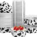 50 Pcs Mini Square Baking Cups with Lids,5oz Aluminum Foil Mini Cake Pans with Lids,Disposable Ramekins Cake Pans,150ml Dessert Cups Cupcake Pans for Wedding Birthday Party,Cowprint