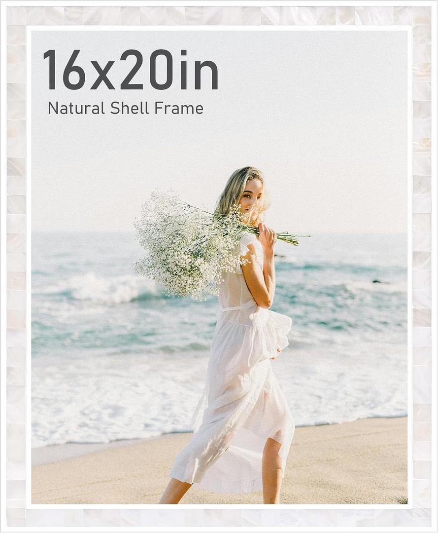 Tanmicoshomy 16x20 White Picture Frames for Wall, Natural Shell Inlay Mosaic Beachy Wedding Photo Frames Display 16x20 Photo Without Mat(16x20inch, White,1pc)