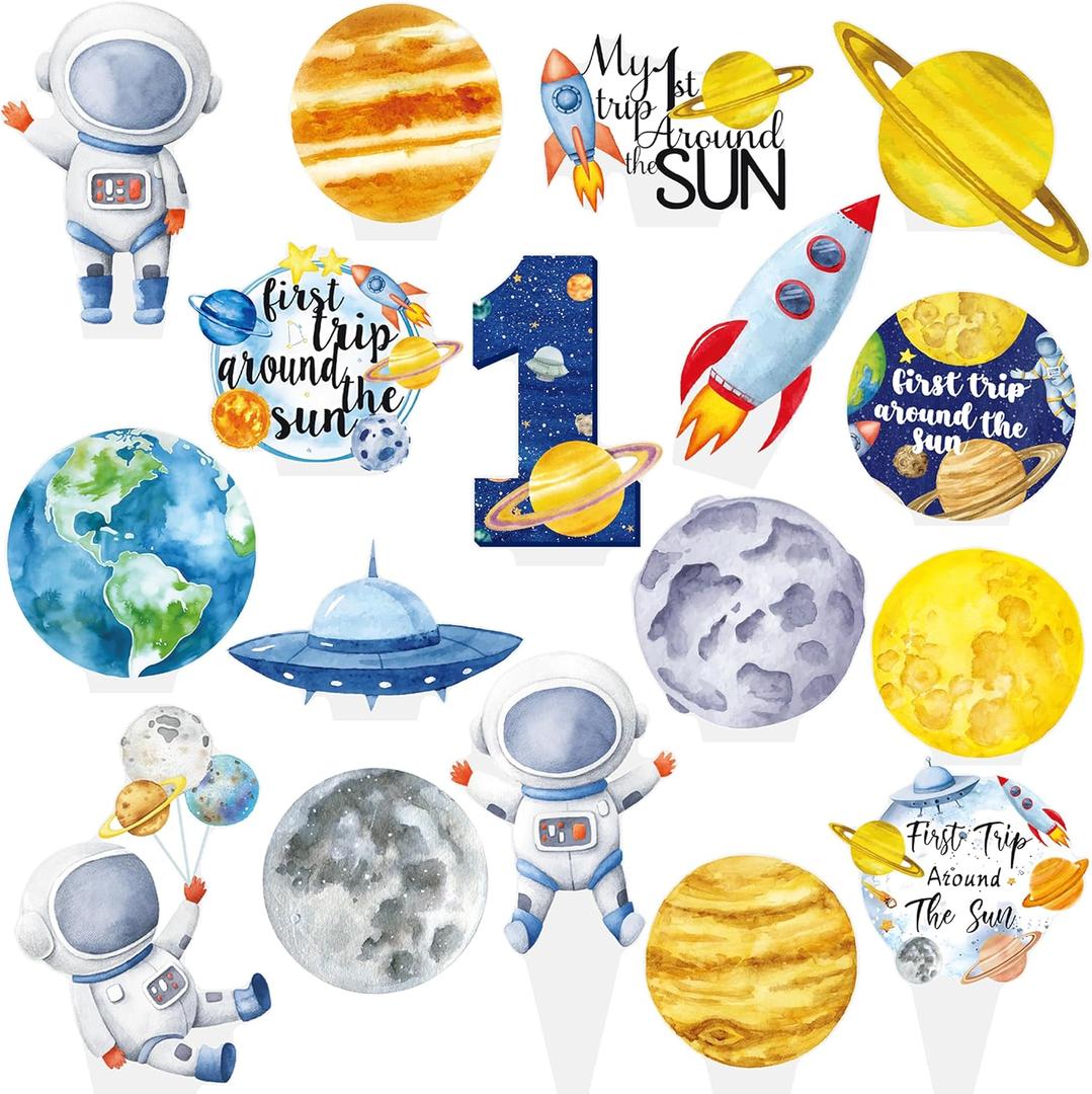 48Pcs First Trip Around The Sun Cupcake Toppers Outer Space 1st Birthday Party Decorations Space Astronaut Cupcake Picks Decorations for Planets Solar System Theme Party Supplies
