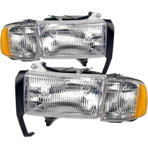 Headlights Assembly compatible with 1994-2001 Dodge Ram 1500,94-02 RAM 2500 3500 (Non-Sport Models) Headlights w/Bulb & Corner Lights, Driver Passenger Side, Chrome Housing Clear Lens