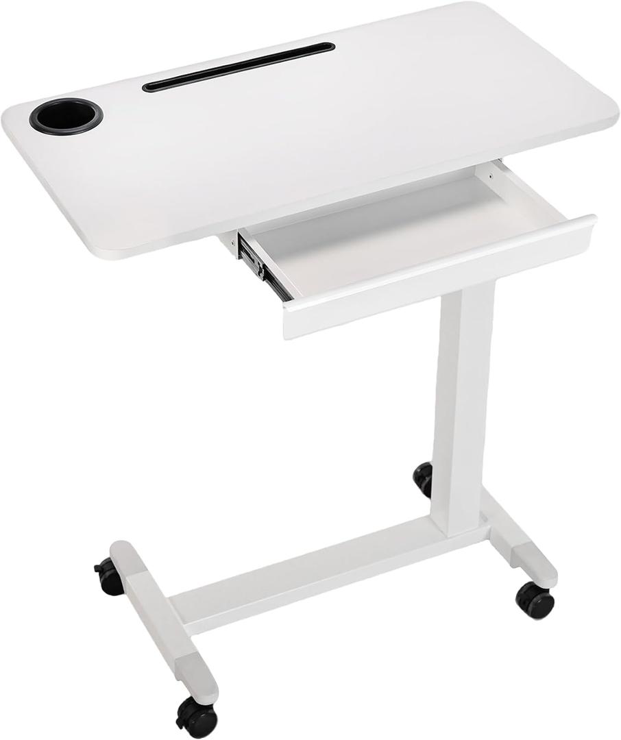 Height Adjustable Overbed Table with Drawer and Wheels, Rolling Standing Laptop Desk, Portable Bedside Tables with Slot, Cup Holder, Mobile Pneumatic Computer Cart, White, 25.6" x 19" x 28"