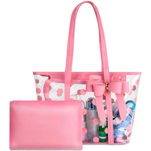 Women Waterproof PVC Clear Tote Bags Shoulder Handbag Beach Bag Shopping Work Bag (Pink)