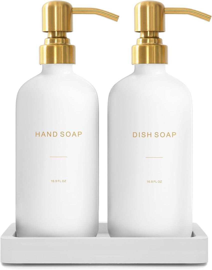 Gold Soap Dispenser Set, Glass Soap Dispenser with Stainless Steel Pump, Perfect for Modern Kitchen Counter Decor (Gold)