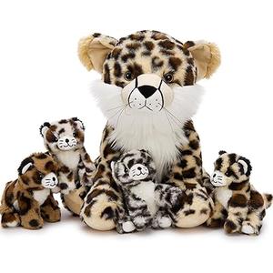 MorisMos 5Pcs Cheetah Stuffed Animal, 14 Inch Cheetah Mommy with 4 Baby, Soft Stuffed Leopard Plush Gifts for Kids, Boys, Girls, Toddler