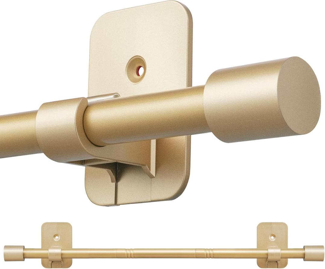 Curtain Rods No Drilling for Windows 30 to 60 Inch, 5/8" Adjustable Gold Curtain Rod, Renter-friendly with Adhesive Brackets for Drill-free Installation.