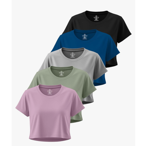 Real Essentials 5 Pack: Women's Dry Fit Crop Top - Short Sleeve Crew Neck Stretch Athletic Tee, M Real Essentials 5 Pack: Women's Dry Fit Crop Top - Short Sleeve Crew Neck Stretch Athletic Tee, M