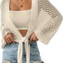 Eddoyee Women Crochet Swimsuit Cover Up Hollow Out Half Sleeve Bathing Suit Coverup Open Front Batwing Top Apricot