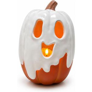 Halloween Decorations - 9.45" H Resin Ghost Pumpkin with Flameless Candle for Indoor Outdoor - Cute Spooky Decoration Centerpieces Halloween Decor for Tables Porch Yard Home Front Door Mantel