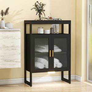 Bathroom Floor Storage Cabinet Freestanding Organizer with Sensor Light & Acrylic Doors for Bathroom, Home Office, Bedside, Sofa Side Table (Black 2 Doors)
