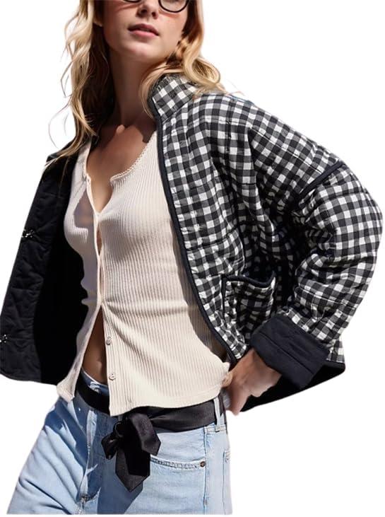 Omoone Women's Cropped Quilted Jacket Floral Printed LightWeight Padded Puffer Cardigan Coat Outwear (Black, XL)