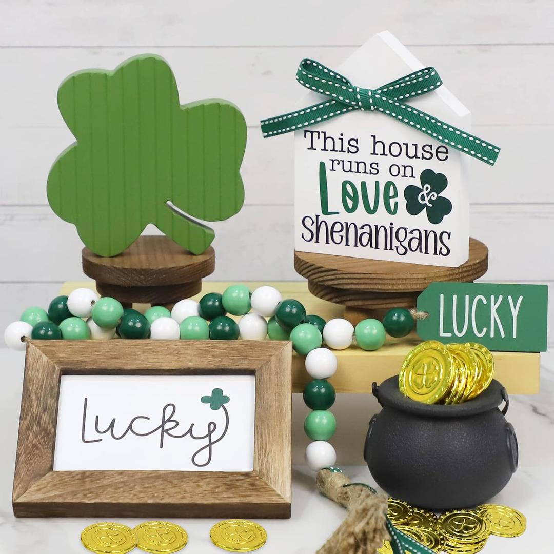 DAZONGE St. Patrick's Day Decorations, Lucky, Shamrock, Pot of Gold, Bead Garland, House Shape St. Patrick's Day Wooden Signs for Table Shelf Decor