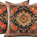 Vintage Floral Soft Velvet Throw Pillow Covers 18x18 In Boho Pillowcases, Turkish Antique Ethnic Tribal Decor Double Sided Pattern Cushion Cover for Sofa, Living Room, Farmhouse, Black, 2 Pack