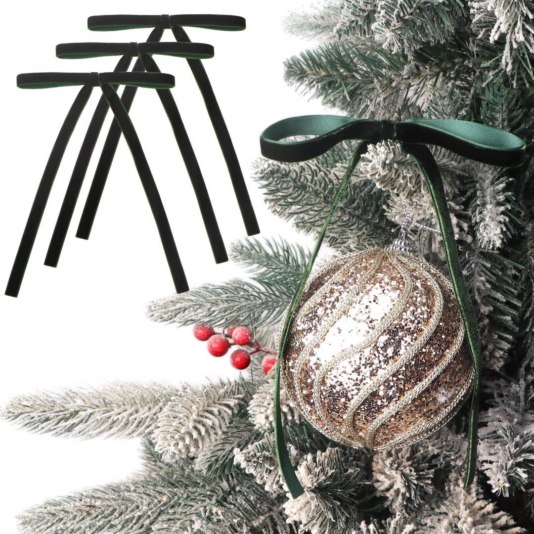 Ribbli Dark Green Velvet Bows for Christmas Tree 24 Pcs Green Vintage Wreath Ribbon Bows for Door Garland Home Decor - 5 x 7 Inch, 3/8 Inch Wide