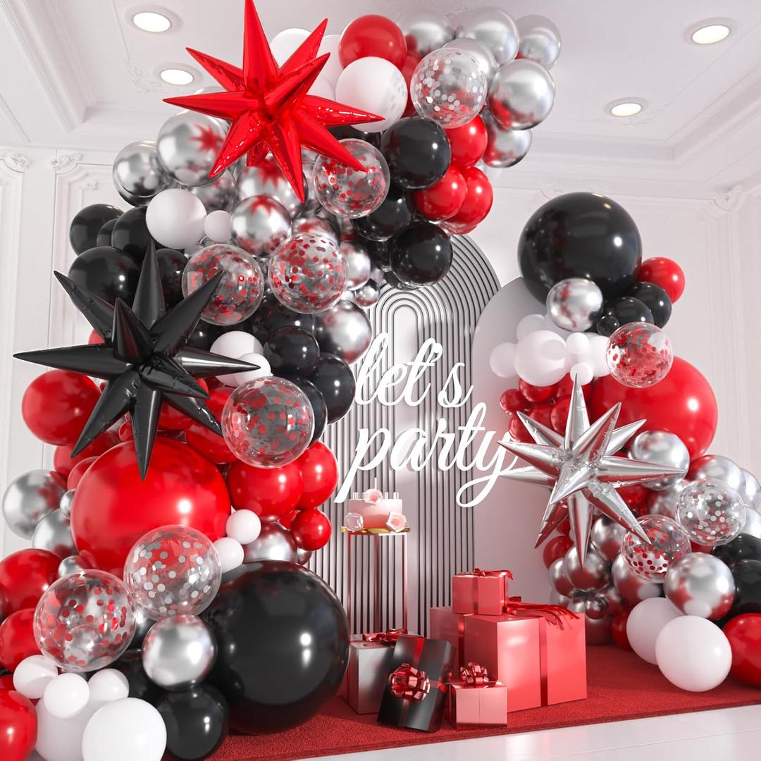 135pcs Red Black White Balloon Arch Kit with Metallic Silver & Confetti Balloons & Foil Star Balloons for Birthday, Wedding, Anniversary, Graduation Poker Card (18 12 10 5 Inch)