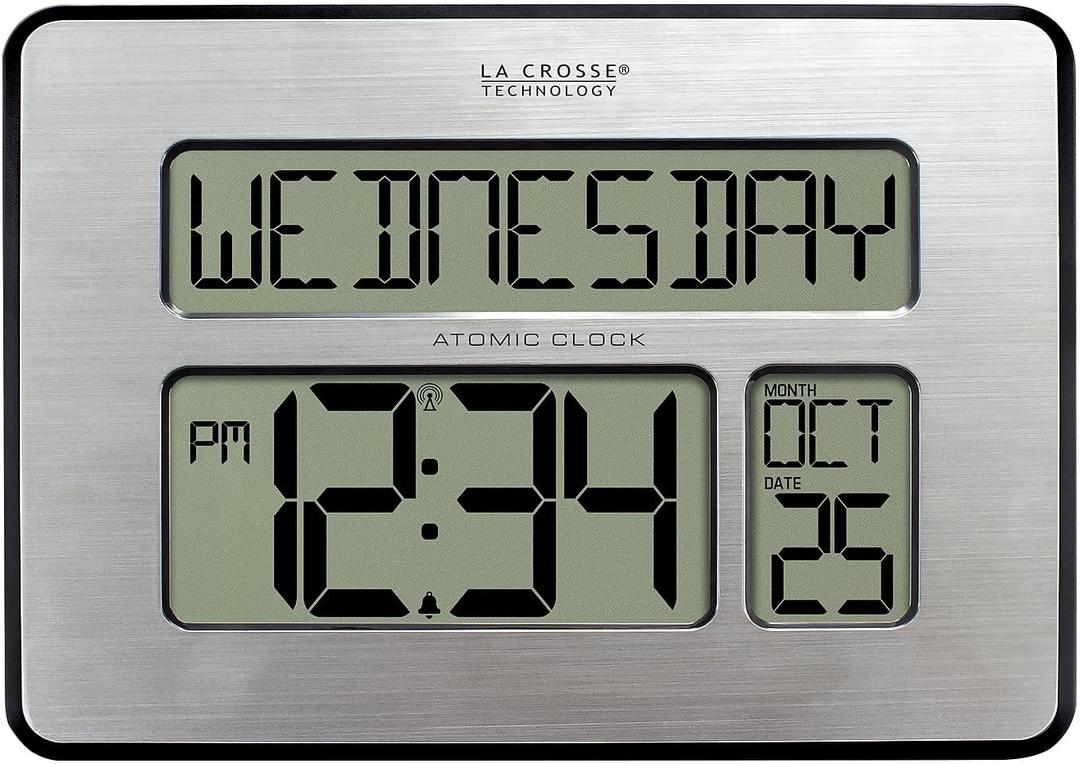 La Crosse Technology Atomic Wall/Table Clock, Metal, 7.5-inch H x 9.75-inch W x 1-inch D (513-1419) (513-1419-INT) (Silver)