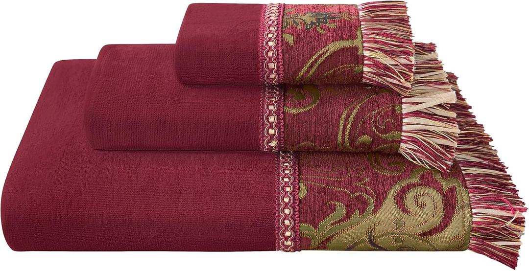 Loom and Mill Luxury Cotton Bath Towel Set 3 Piece-1 Bath Towel 1 Hand Towel 1 Wash Cloth, Ultra Soft Decorative Towel Sets Highly Absorbent for Bathroom, Classic Damask Design(Red)