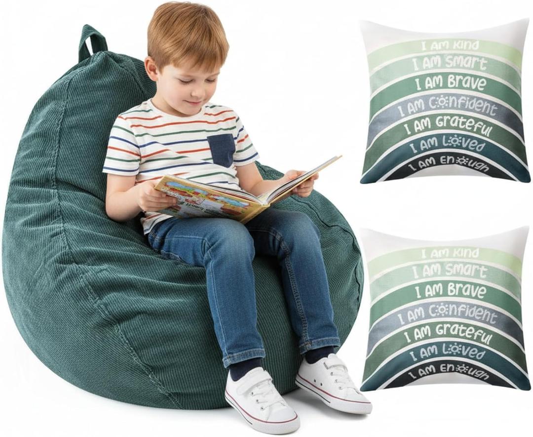 Stuffed Animal Storage Bean Bag Chair Cover (No Filler) Cozy Corner for Kids Classroom with Rainbow Throw Pillow Covers, Bean Bag Chair for Reading Nook, Classroom, Nursery(Small,Rainbow,Green)